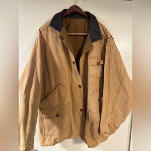 Men Vintage Aberdeen Reversible Tan Brown Canvas Leather Barn Chore Jacket Large